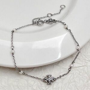 Tory Burch Silver Tiny Logo & Pearl Bracelet